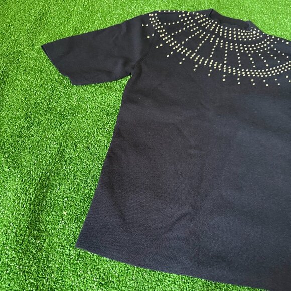 Ann Taylor Rhinestone Embellished Mock Neck Sweater T-Shirt Size M Navy Blue Sky - Picture 5 of 13